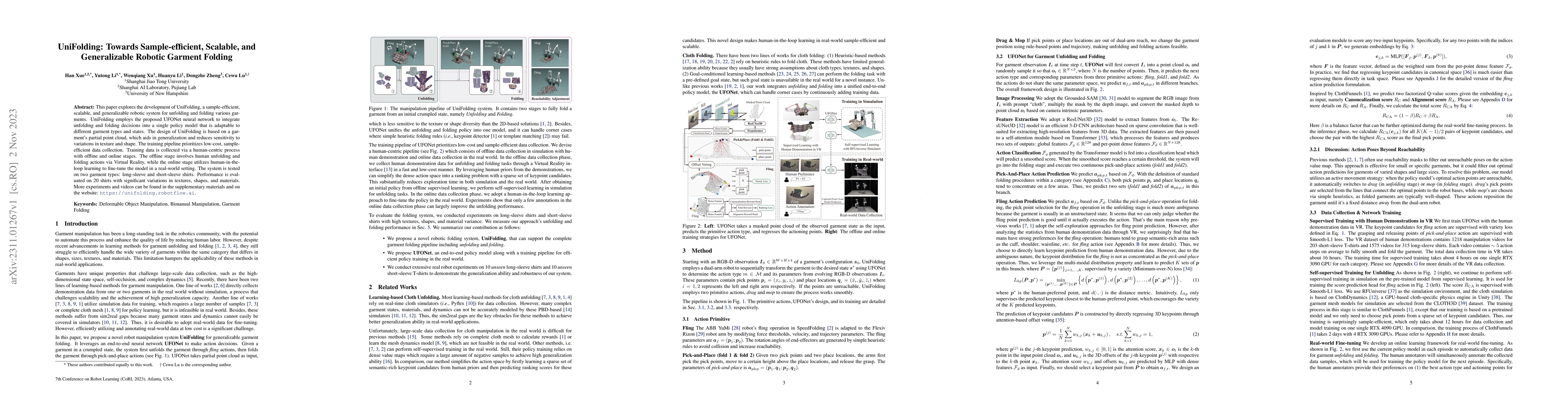 Thumbnail for UniFolding: Towards Sample-efficient, Scalable, and Generalizable
  Robotic Garment Folding
