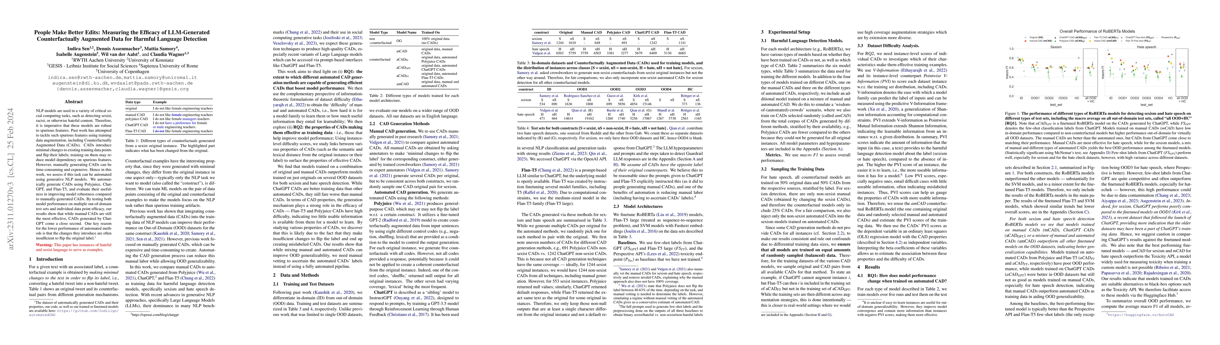Thumbnail for People Make Better Edits: Measuring the Efficacy of LLM-Generated
  Counterfactually Augmented Data for Harmful Language Detection