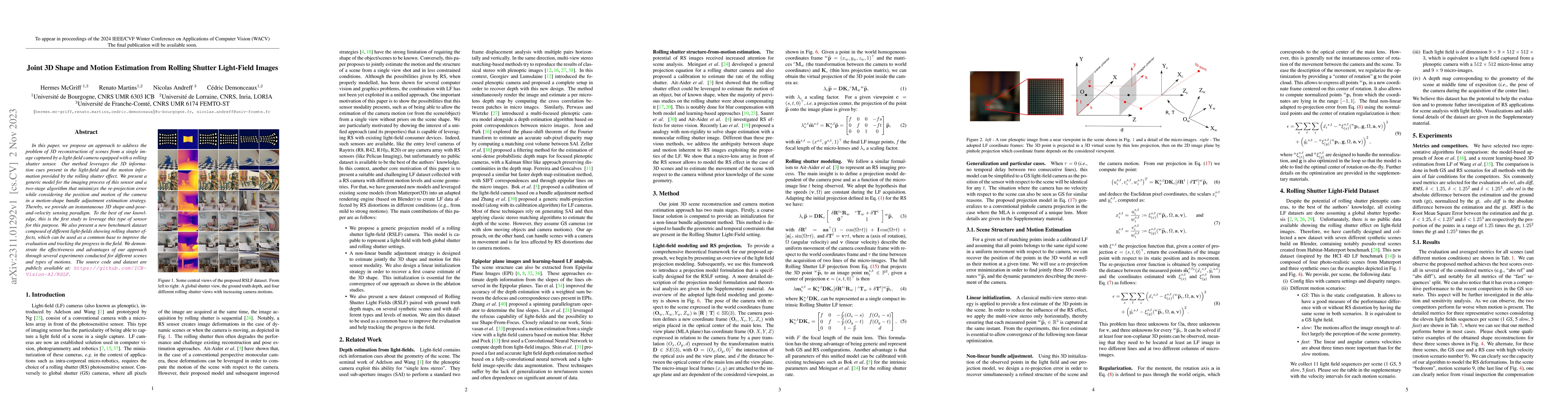 Thumbnail for Joint 3D Shape and Motion Estimation from Rolling Shutter Light-Field
  Images