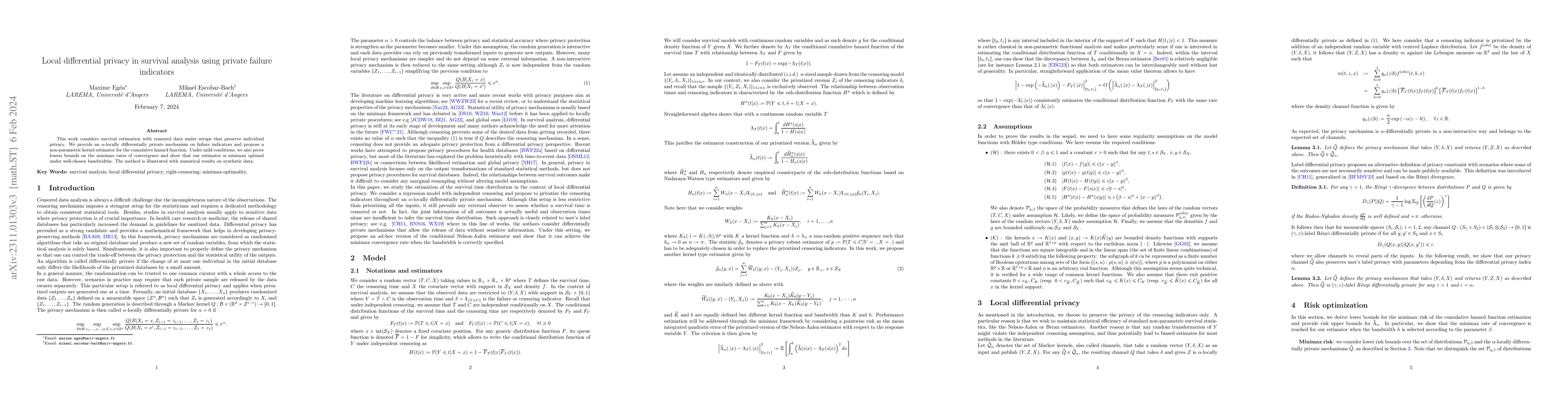 Thumbnail for Local differential privacy in survival analysis using private failure
  indicators