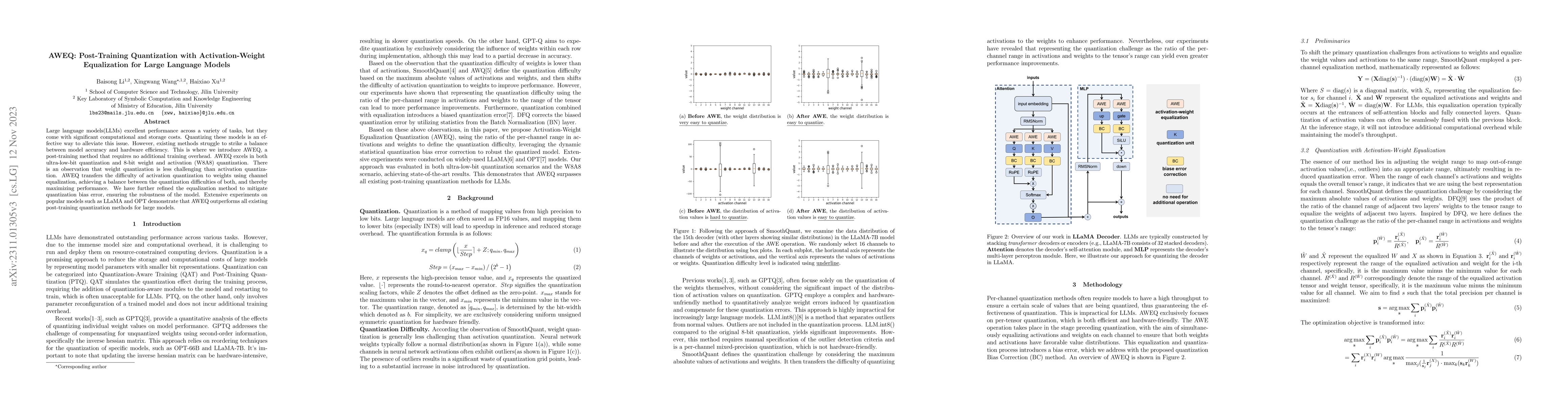 Thumbnail for AWEQ: Post-Training Quantization with Activation-Weight Equalization for
  Large Language Models