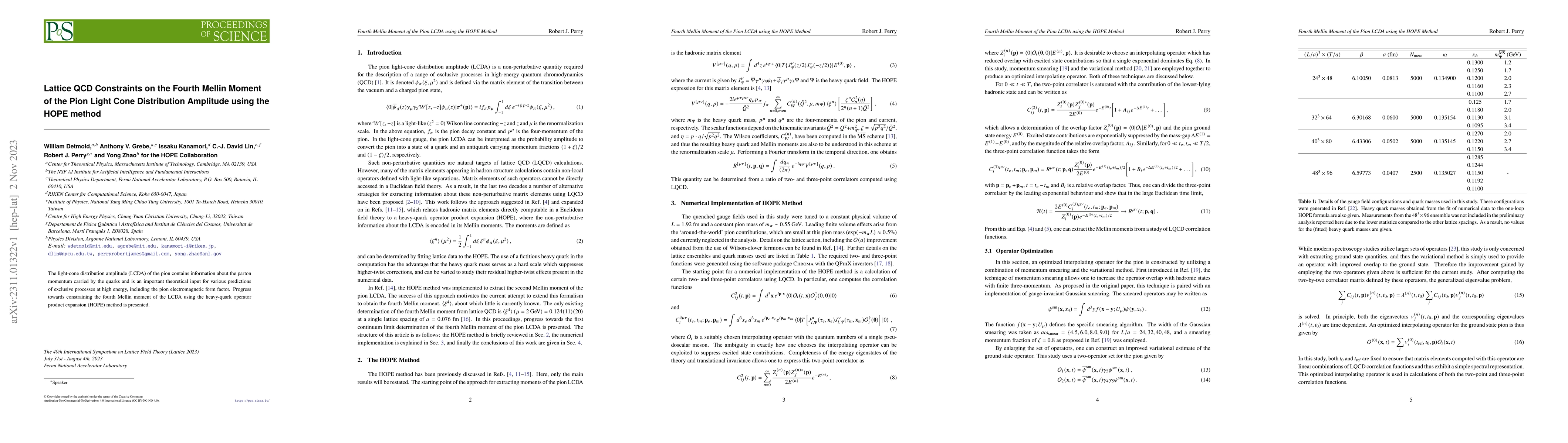 Thumbnail for Lattice QCD Constraints on the Fourth Mellin Moment of the Pion Light
  Cone Distribution Amplitude using the HOPE method