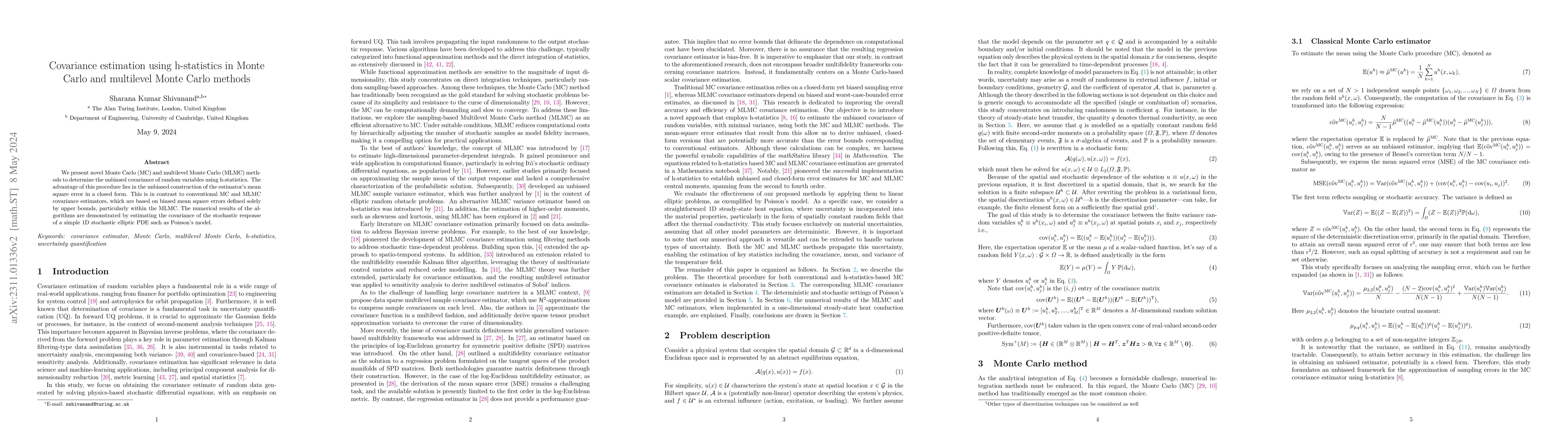 Thumbnail for Covariance estimation using h-statistics in Monte Carlo and multilevel
  Monte Carlo methods
