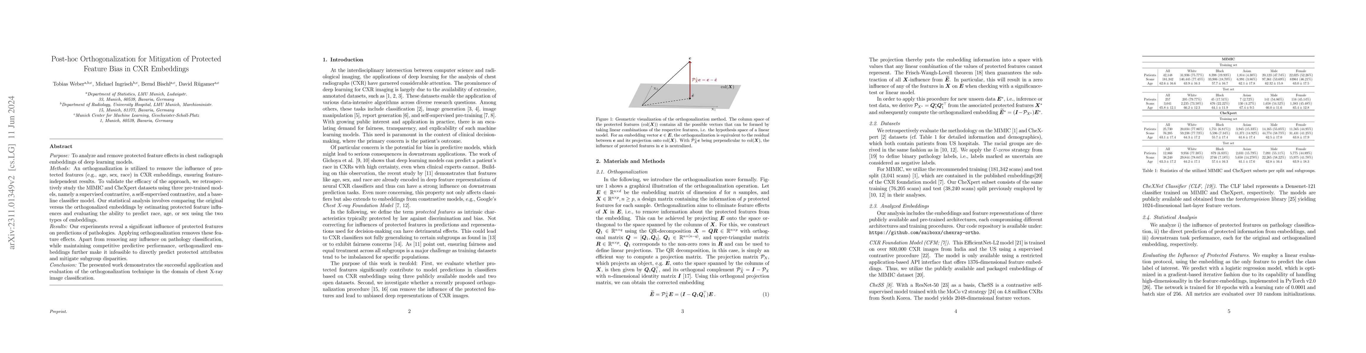 Thumbnail for Post-hoc Orthogonalization for Mitigation of Protected Feature Bias in
  CXR Embeddings