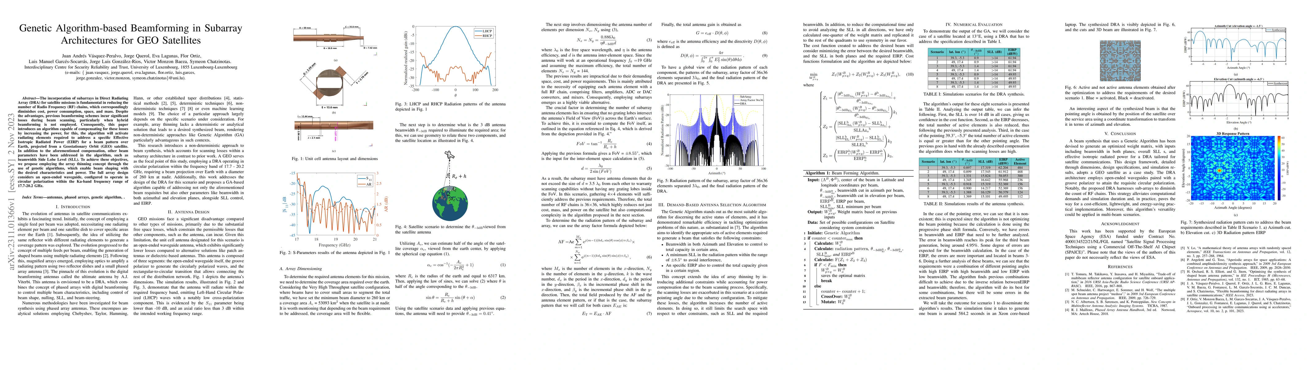 Thumbnail for Genetic Algorithm-based Beamforming in Subarray Architectures for GEO
  Satellites