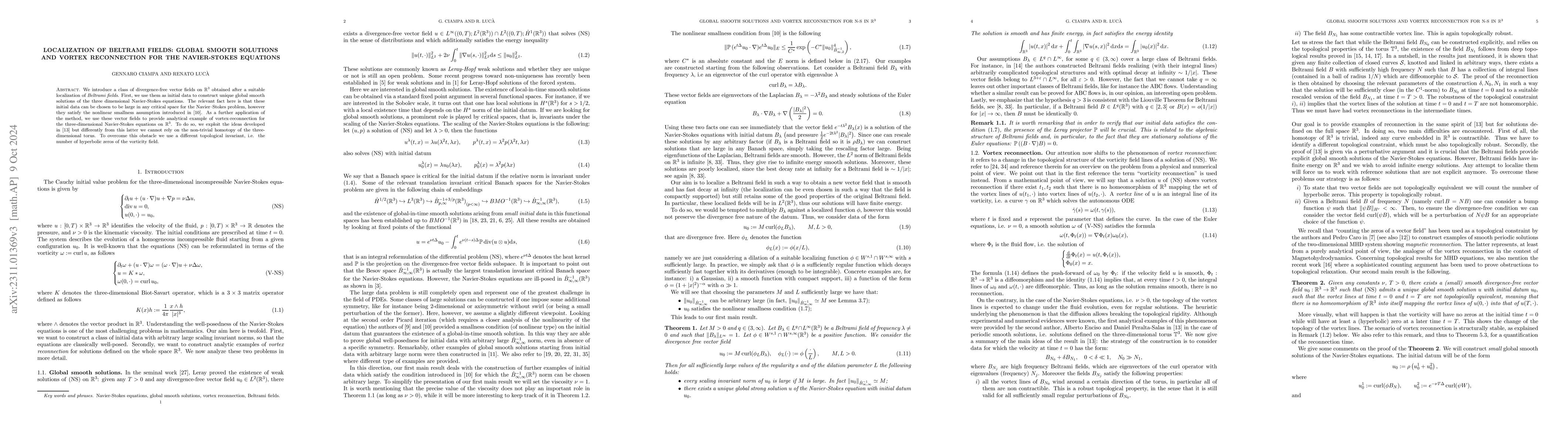 Thumbnail for Localization of Beltrami fields: global smooth solutions and vortex
  reconnection for the Navier-Stokes equations