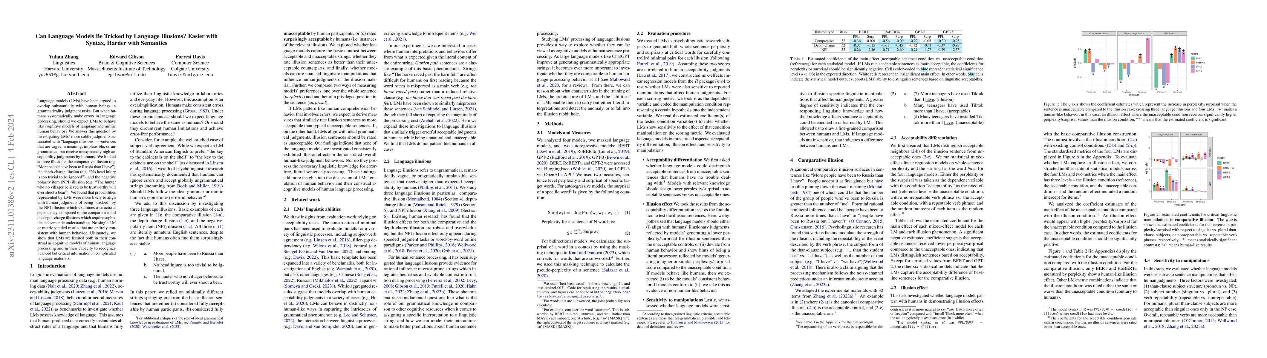 Thumbnail for Can Language Models Be Tricked by Language Illusions? Easier with
  Syntax, Harder with Semantics