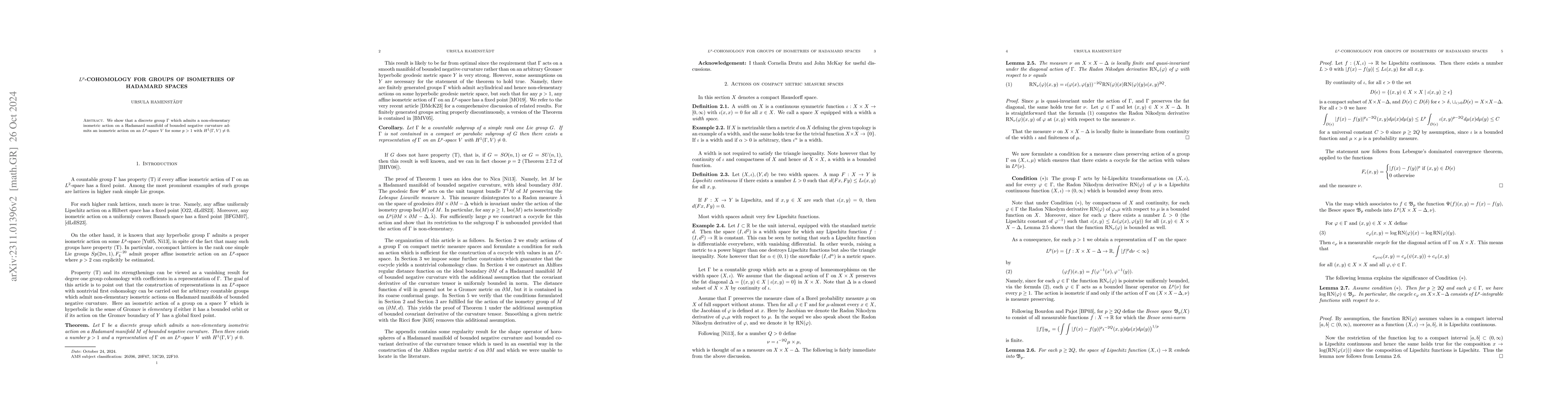 Thumbnail for $L^p$-cohomology for groups of isometries of Hadamard spaces