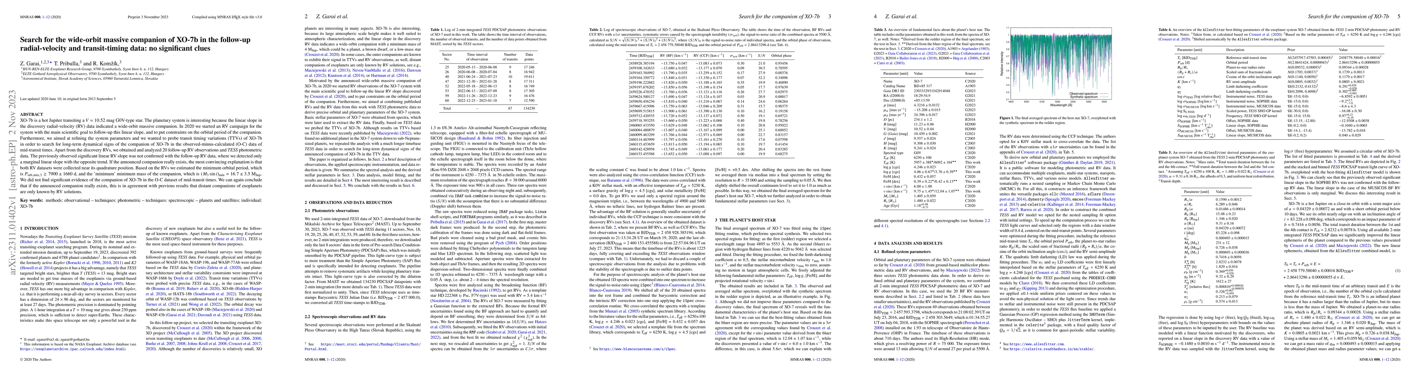 Thumbnail for Search for the wide-orbit massive companion of XO-7b in the follow-up
  radial-velocity and transit-timing data: no significant clues