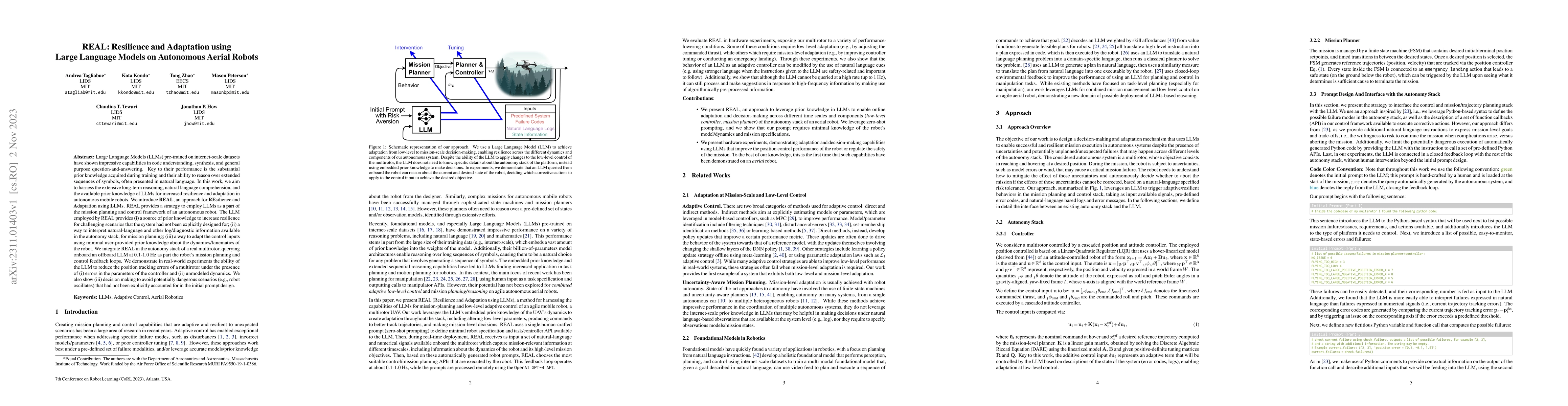 Thumbnail for REAL: Resilience and Adaptation using Large Language Models on
  Autonomous Aerial Robots