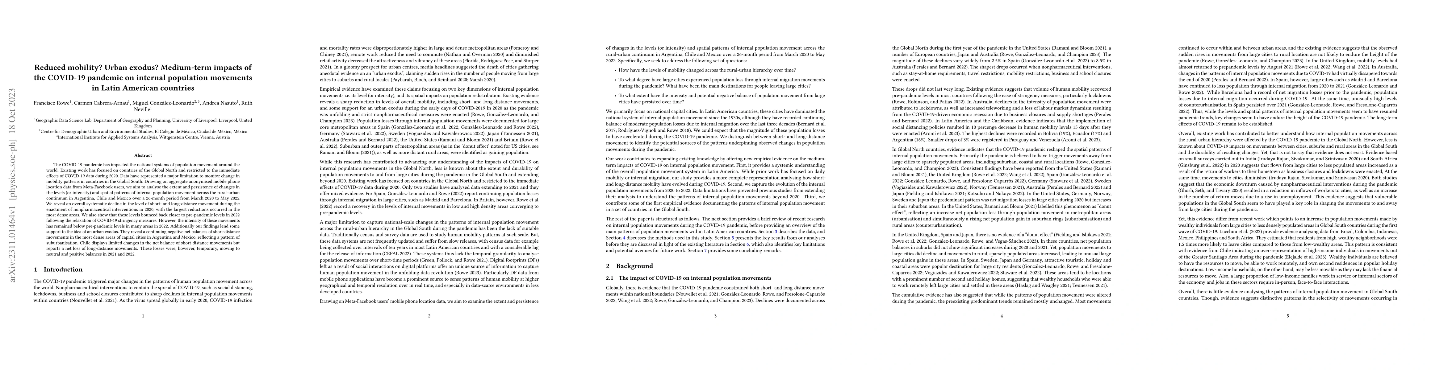 Thumbnail for Reduced mobility? Urban exodus? Medium-term impacts of the COVID-19
  pandemic on internal population movements in Latin American countries
