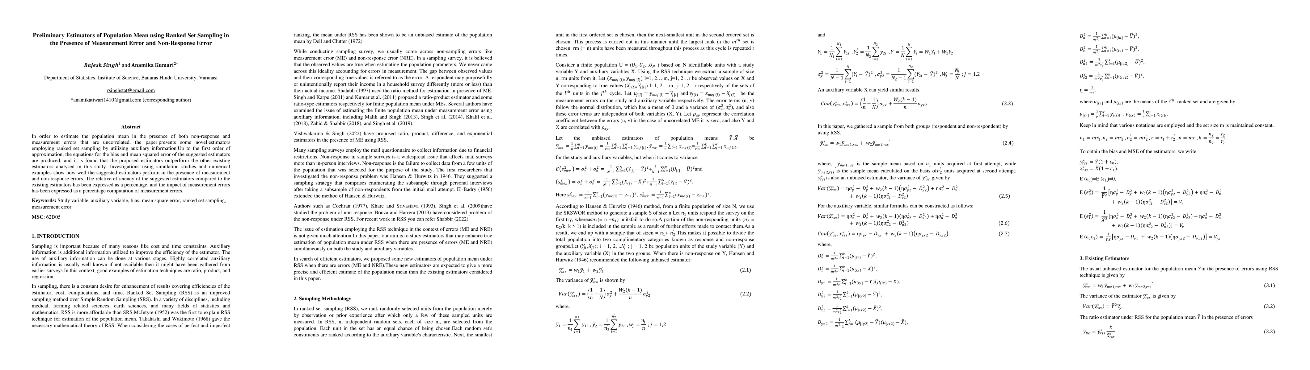Thumbnail for Preliminary Estimators of Population Mean using Ranked Set Sampling in
  the Presence of Measurement Error and Non-Response Error