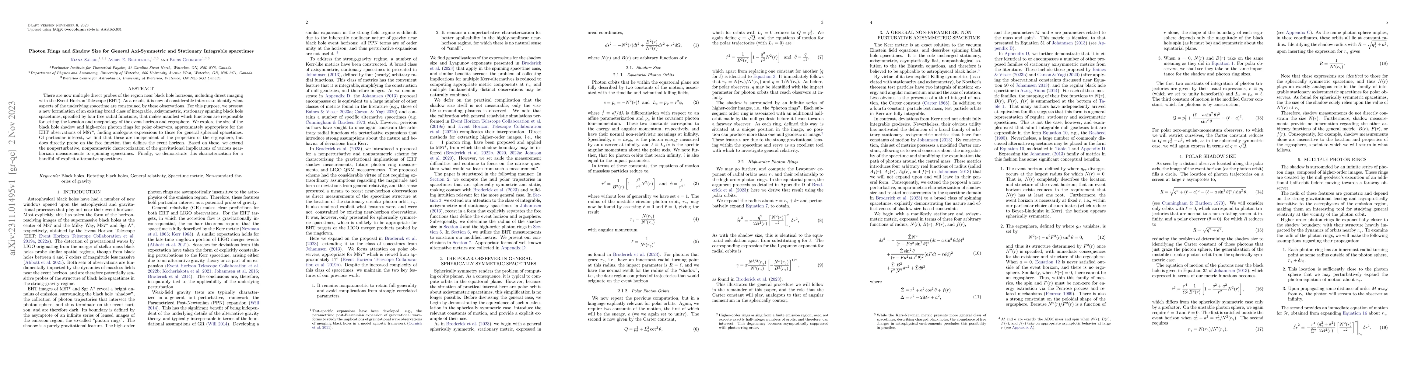 Thumbnail for Photon Rings and Shadow Size for General Integrable Spacetimes