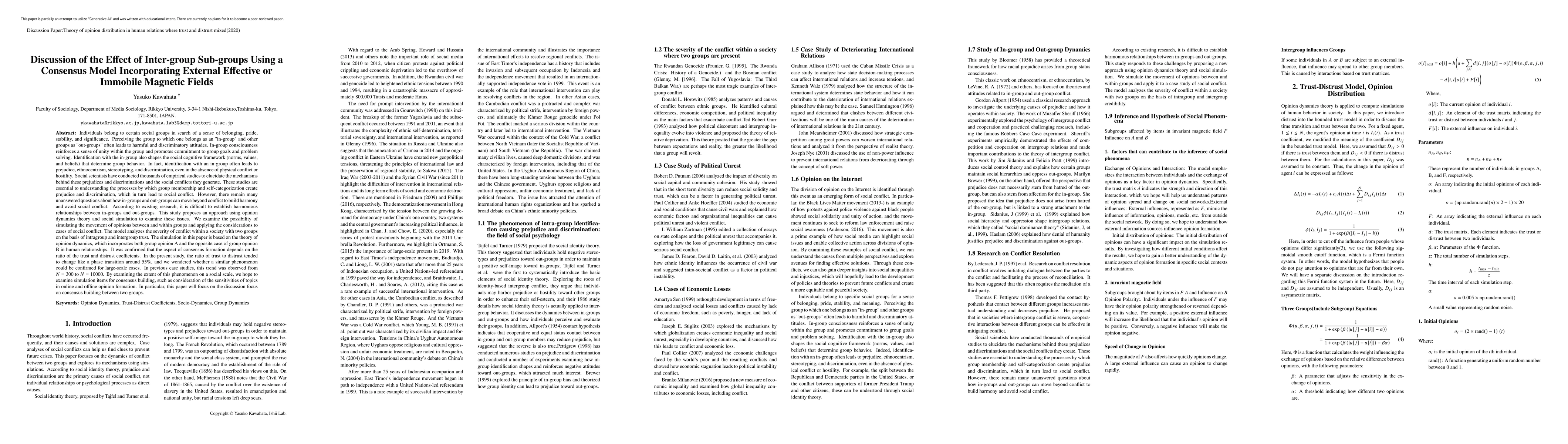 Thumbnail for Discussion of the Effect of Inter-group Sub-groups Using a Consensus
  Model Incorporating External Effective or Immobile Magnetic Fields