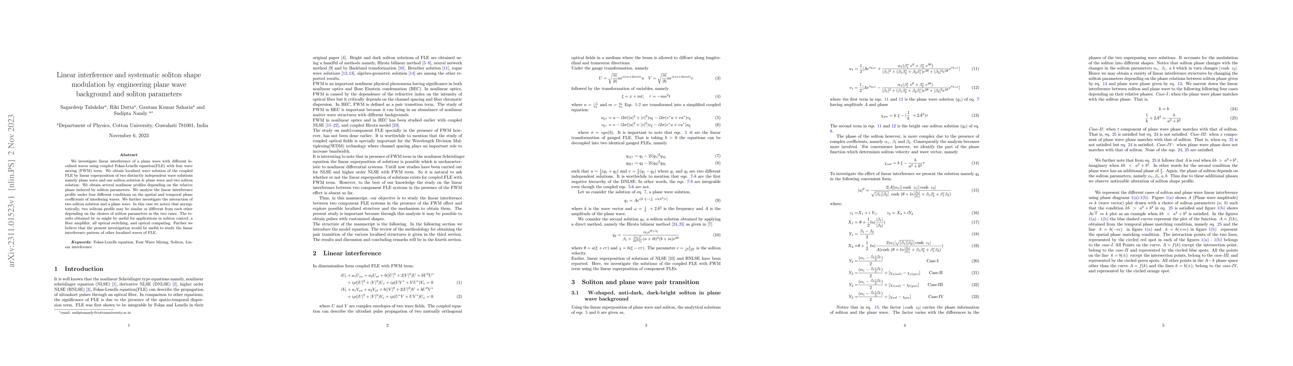 Thumbnail for Linear interference and systematic soliton shape modulation by
  engineering plane wave background and soliton parameters