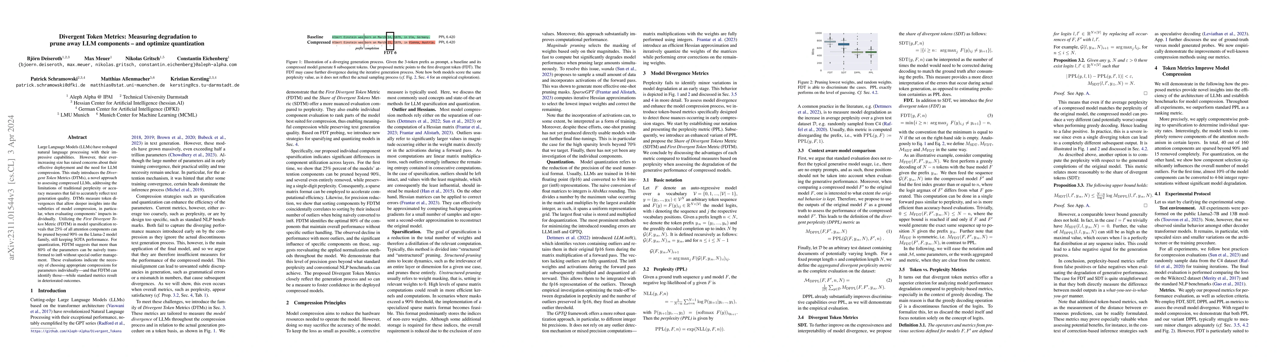 Thumbnail for Divergent Token Metrics: Measuring degradation to prune away LLM
  components -- and optimize quantization