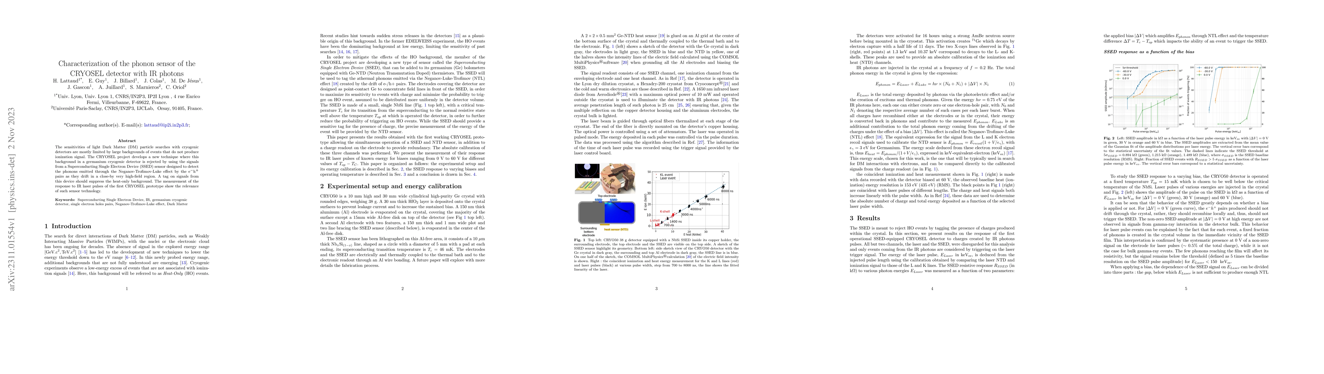 Thumbnail for Characterization of the phonon sensor of the CRYOSEL detector with IR
  photons