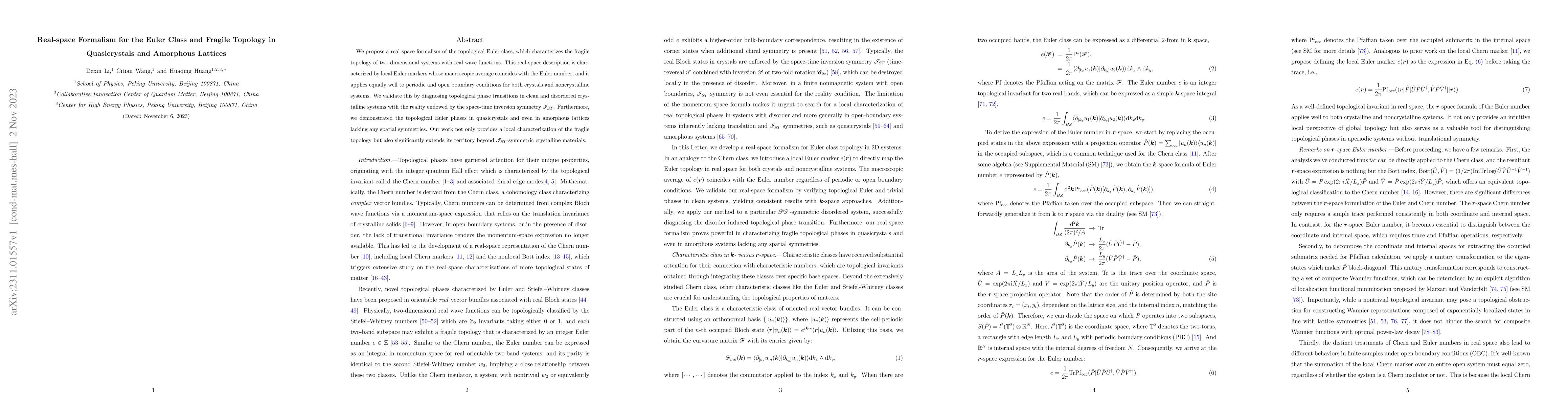 Thumbnail for Real-space Formalism for the Euler Class and Fragile Topology in
  Quasicrystals and Amorphous Lattices