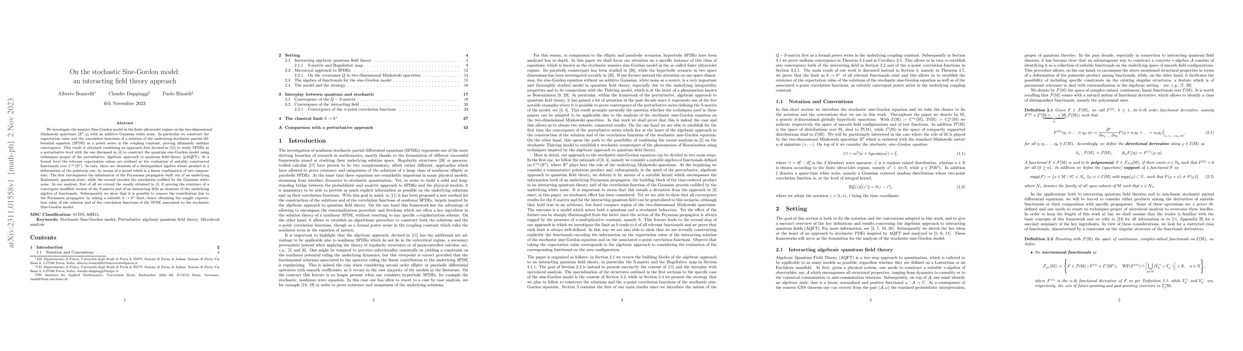 Thumbnail for On the stochastic Sine-Gordon model: an interacting field theory
  approach