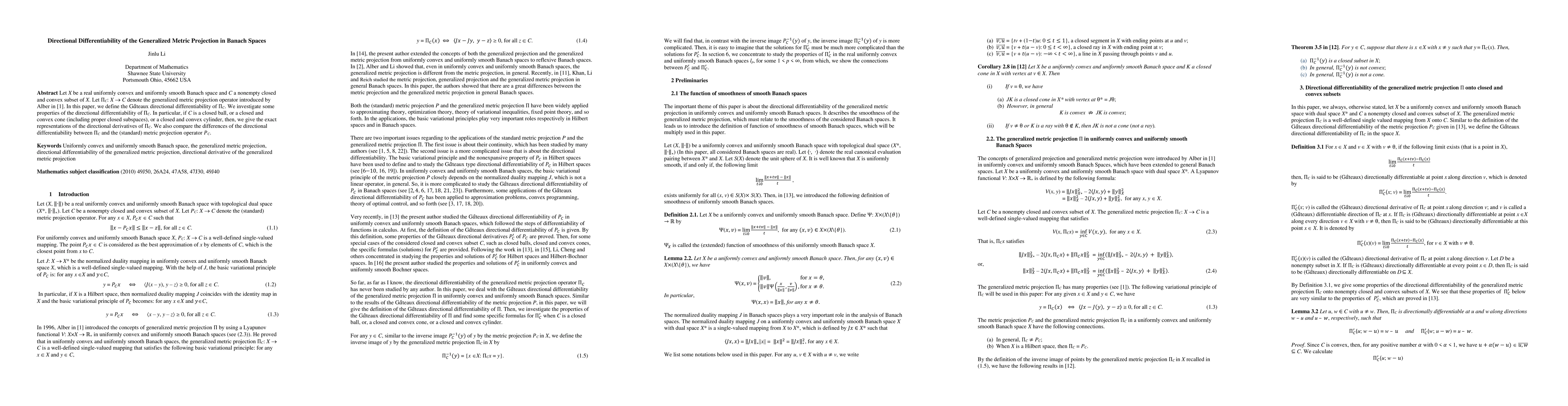 Thumbnail for Directional Differentiability of the Generalized Metric Projection in
  Banach Spaces