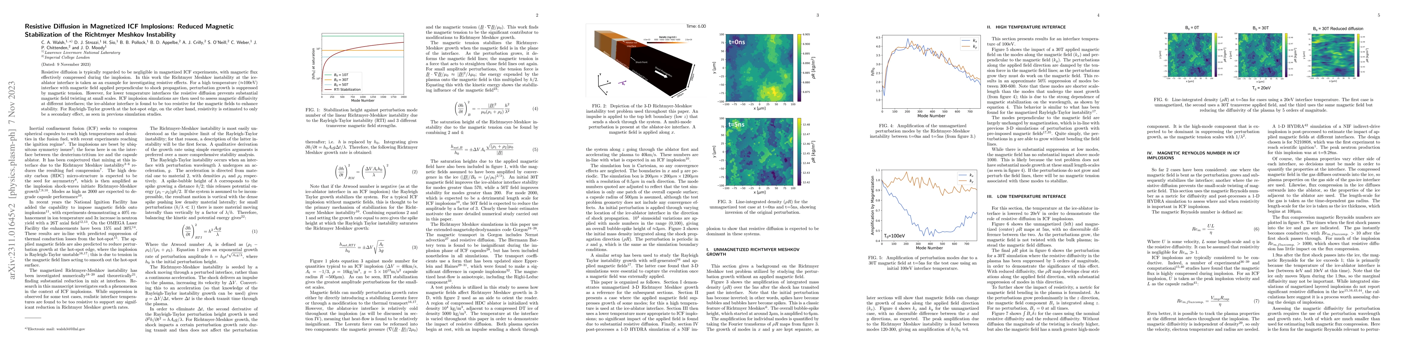 Thumbnail for Resistive Diffusion in Magnetized ICF Implosions: Reduced Magnetic
  Stabilization of the Richtmyer Meshkov Instability
