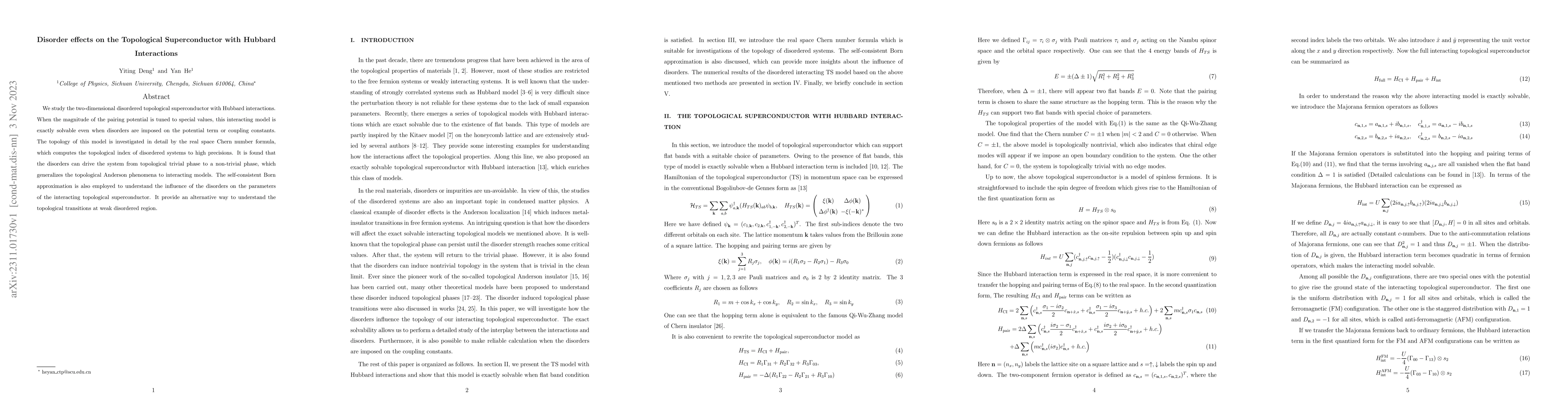 Thumbnail for Disorder effects on the Topological Superconductor with Hubbard
  Interactions