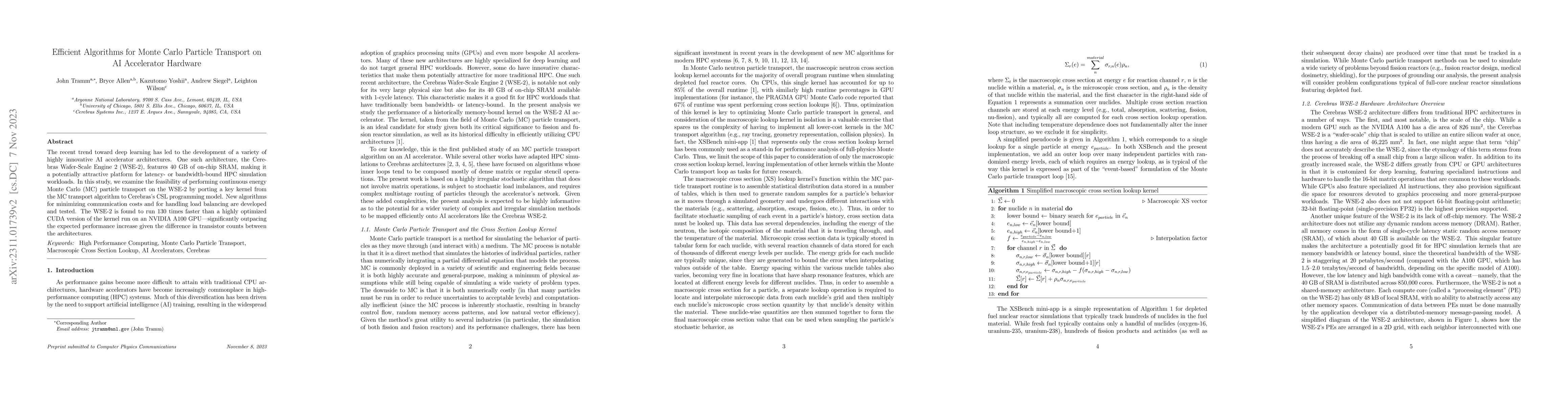 Thumbnail for Efficient Algorithms for Monte Carlo Particle Transport on AI
  Accelerator Hardware