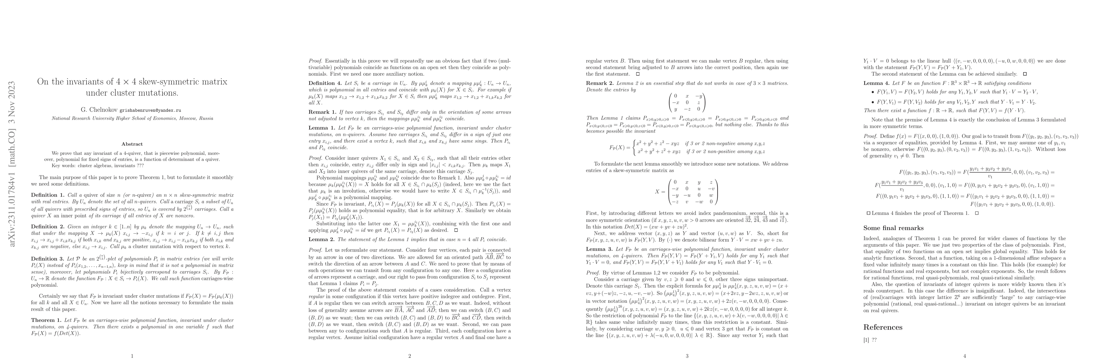 Thumbnail for On the invariants of $4\times 4$ skew-symmetric matrix under cluster
  mutations