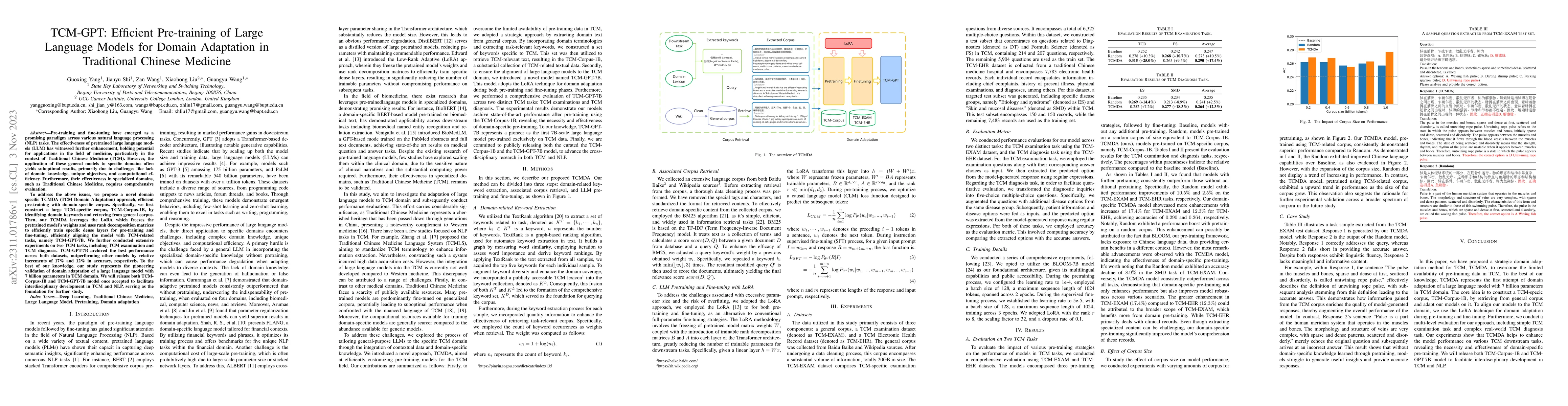 Thumbnail for TCM-GPT: Efficient Pre-training of Large Language Models for Domain
  Adaptation in Traditional Chinese Medicine