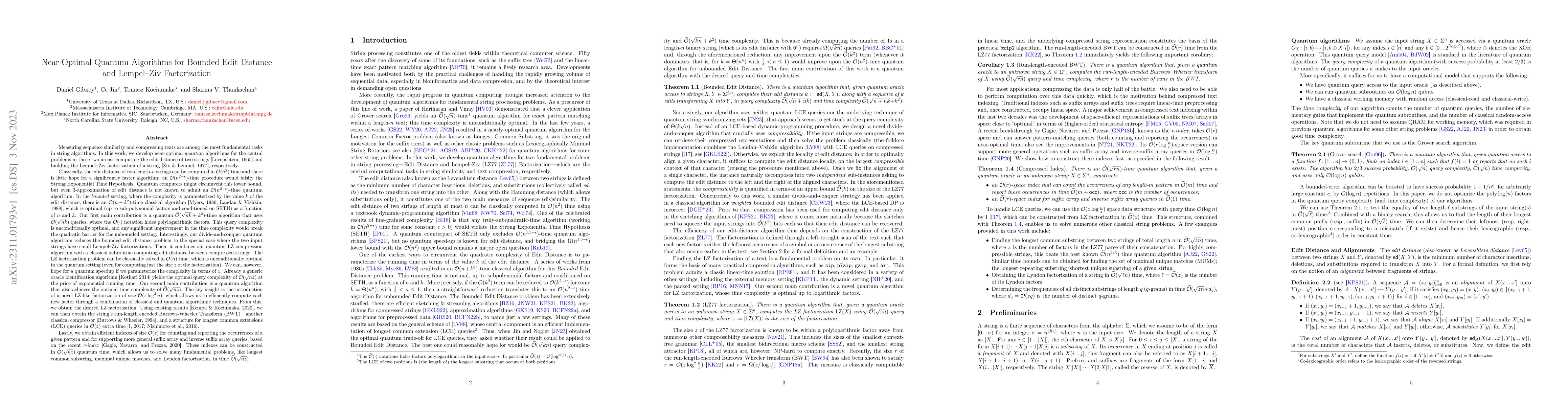 Thumbnail for Near-Optimal Quantum Algorithms for Bounded Edit Distance and Lempel-Ziv
  Factorization