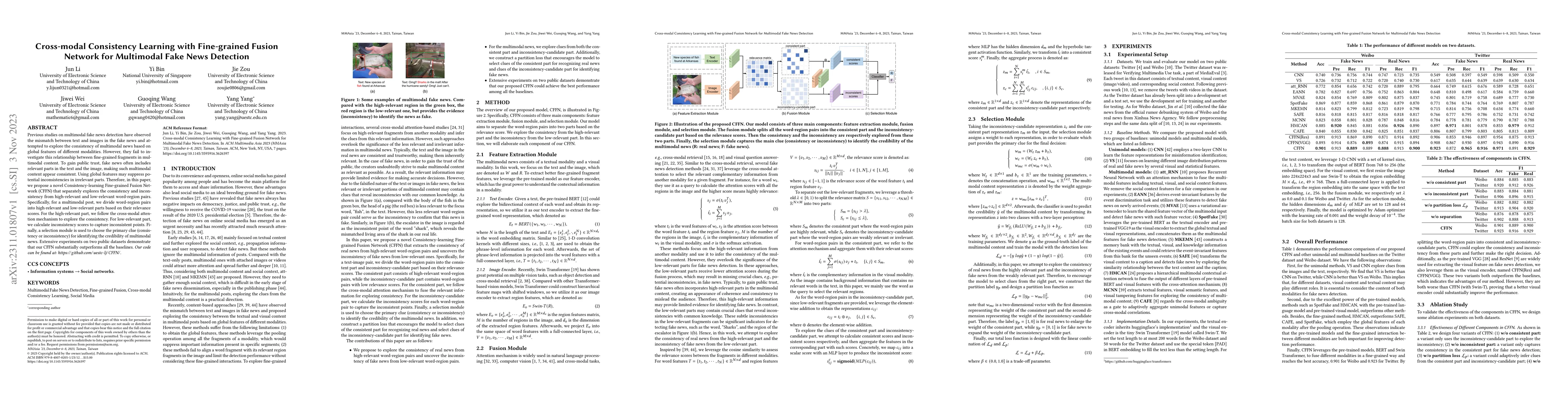 Thumbnail for Cross-modal Consistency Learning with Fine-grained Fusion Network for
  Multimodal Fake News Detection