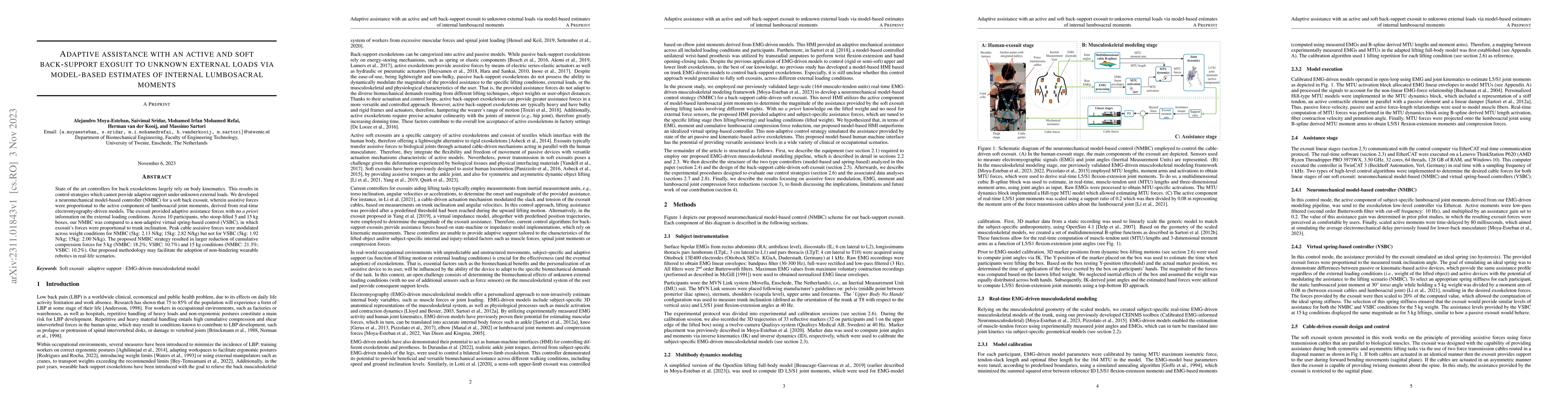 Thumbnail for Adaptive Assistance with an Active and Soft Back-Support Exosuit to
  Unknown External Loads via Model-Based Estimates of Internal Lumbosacral
  Moments
