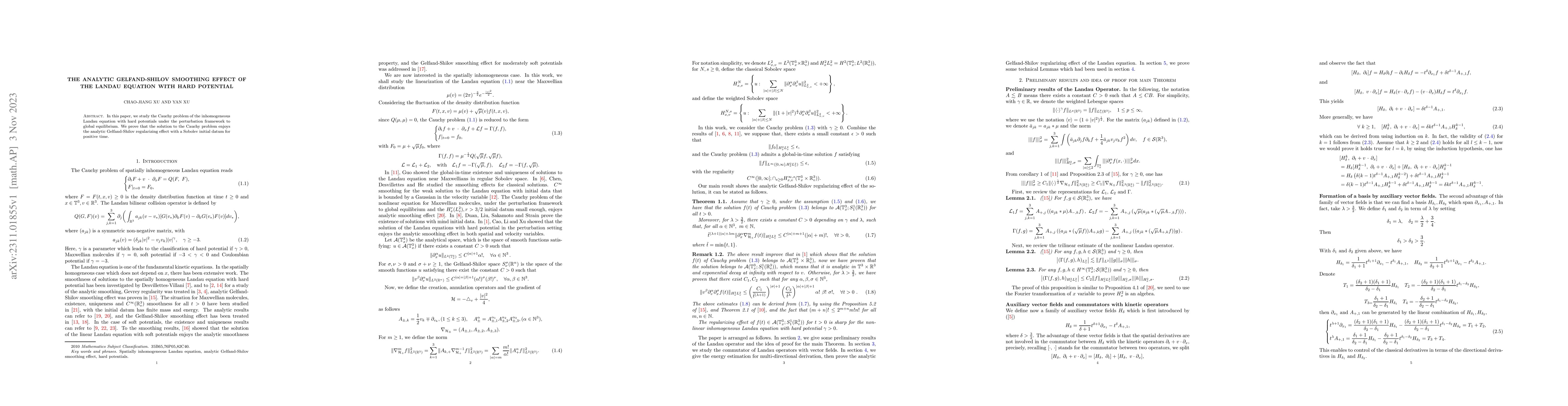 Thumbnail for The analytic Gelfand-Shilov smoothing effect of the Landau equation with
  hard potential