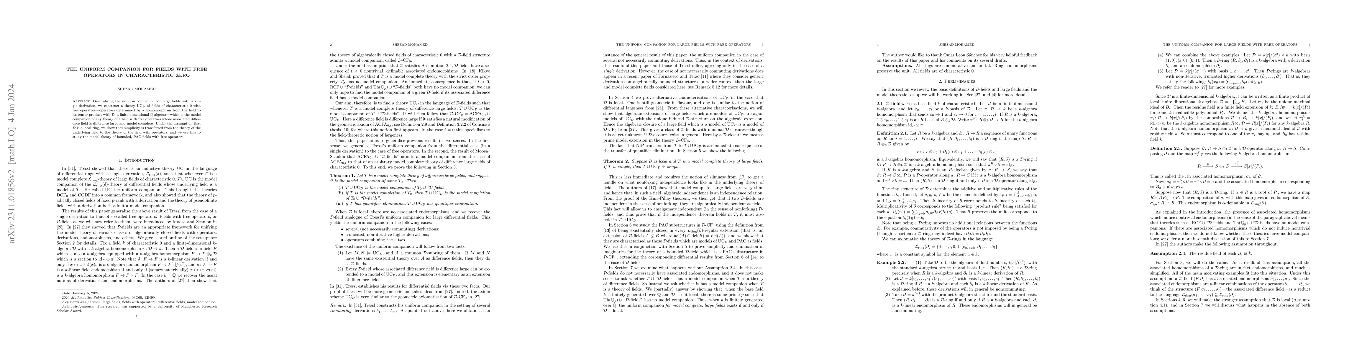 Thumbnail for The uniform companion for fields with free operators in characteristic
  zero