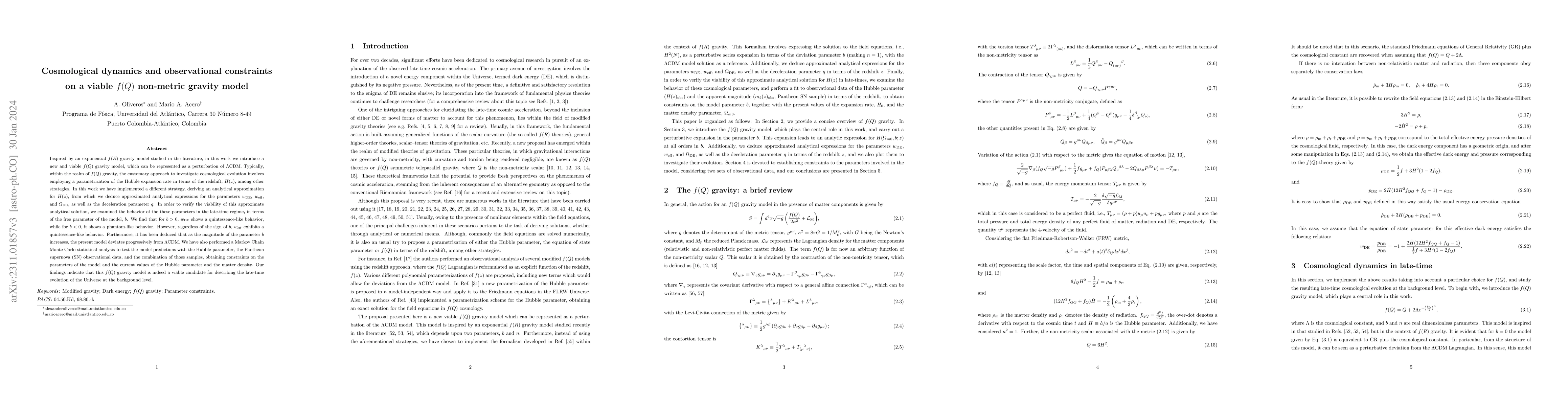 Thumbnail for Cosmological dynamics and observational constraints on a viable $f(Q)$
  non-metric gravity model