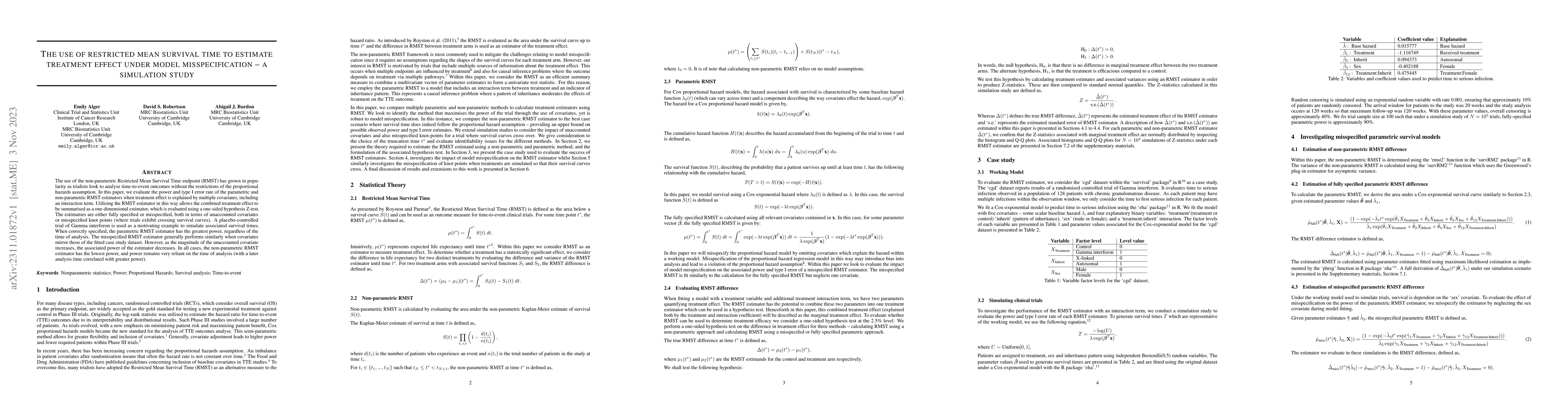 Thumbnail for The use of restricted mean survival time to estimate treatment effect
  under model misspecification, a simulation study