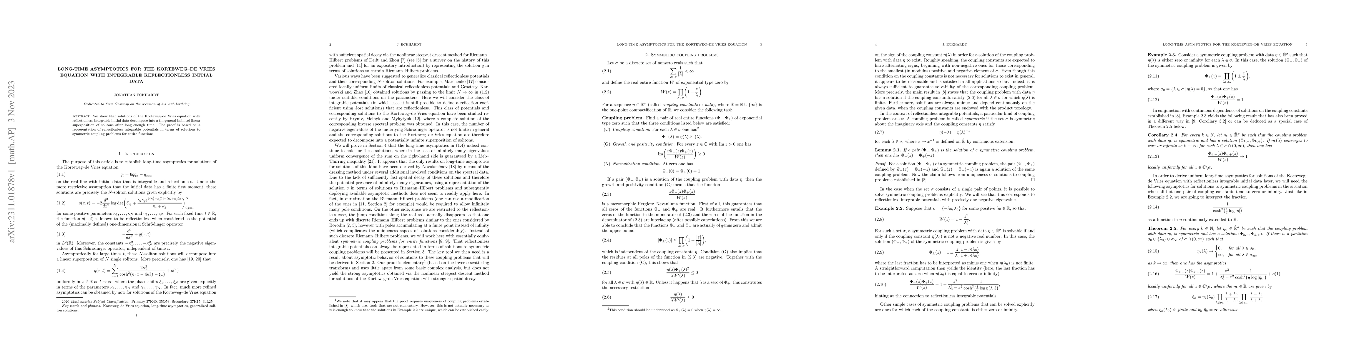 Thumbnail for Long-time asymptotics for the Korteweg-de Vries equation with integrable
  reflectionless initial data