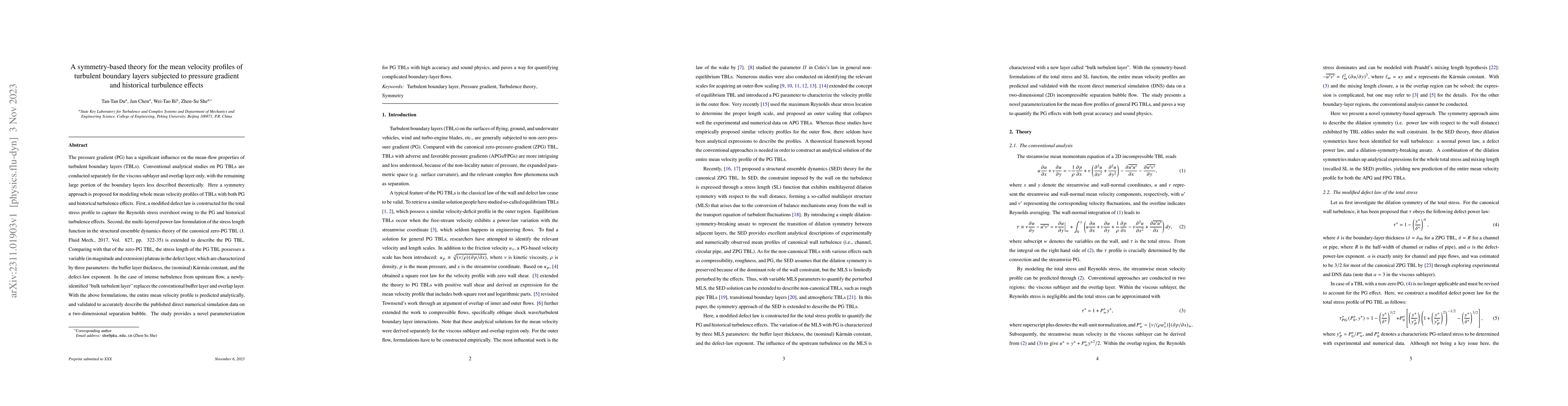 Thumbnail for A symmetry-based theory for the mean velocity profiles of turbulent
  boundary layers subjected to pressure gradient and historical turbulence
  effects
