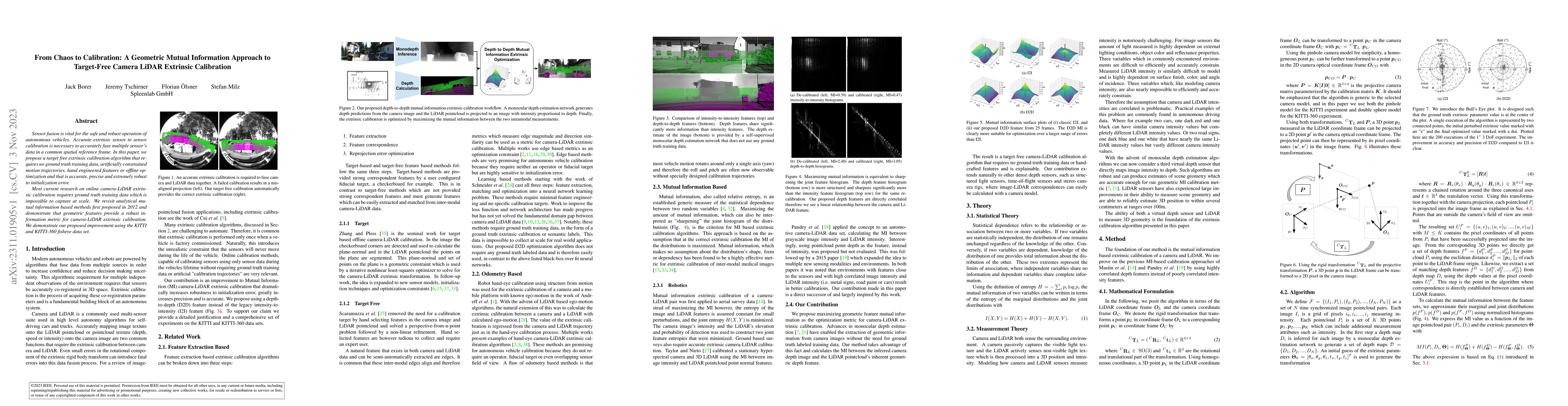 Thumbnail for From Chaos to Calibration: A Geometric Mutual Information Approach to
  Target-Free Camera LiDAR Extrinsic Calibration