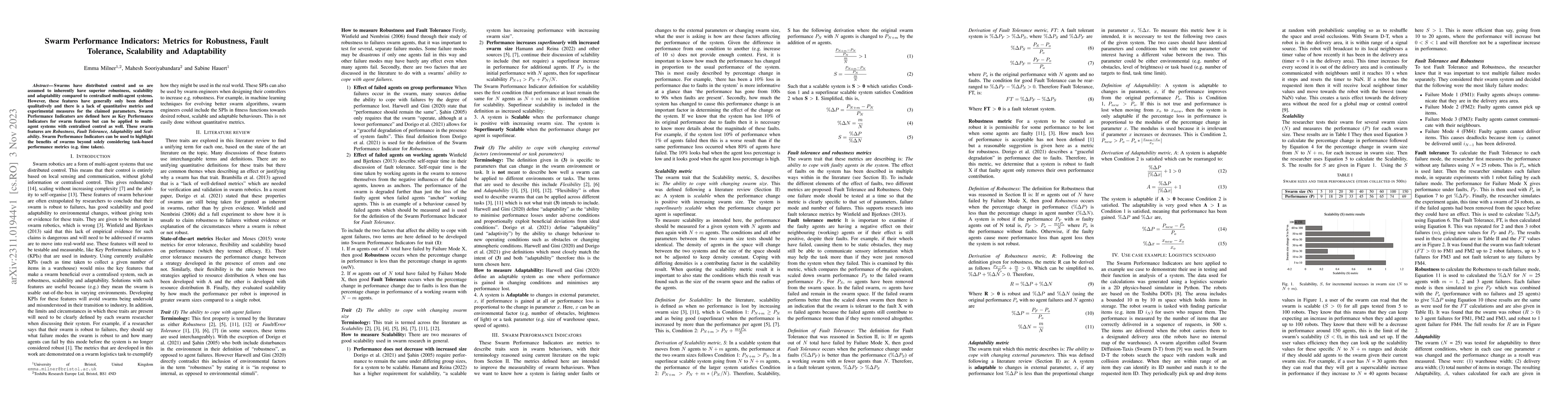 Thumbnail for Swarm Performance Indicators: Metrics for Robustness, Fault Tolerance,
  Scalability and Adaptability