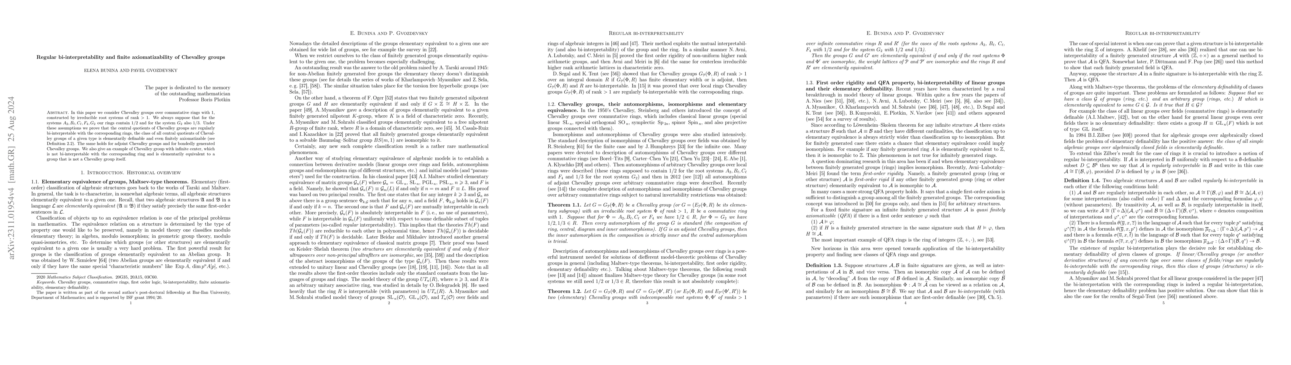 Thumbnail for Regular bi-interpretability and finite axiomatizability of Chevalley
  groups