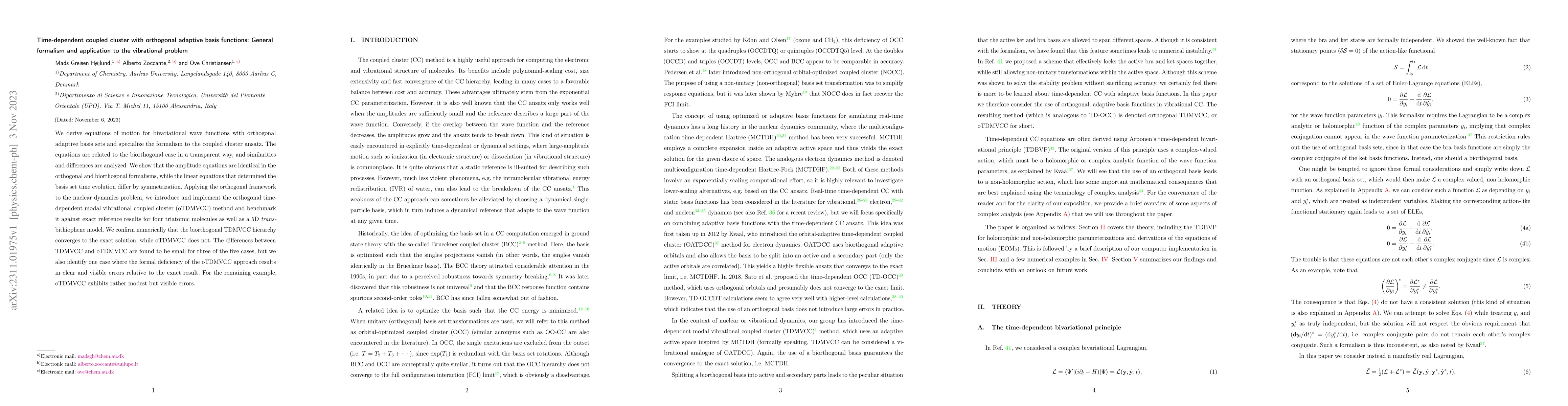 Thumbnail for Time-dependent coupled cluster with orthogonal adaptive basis functions:
  General formalism and application to the vibrational problem