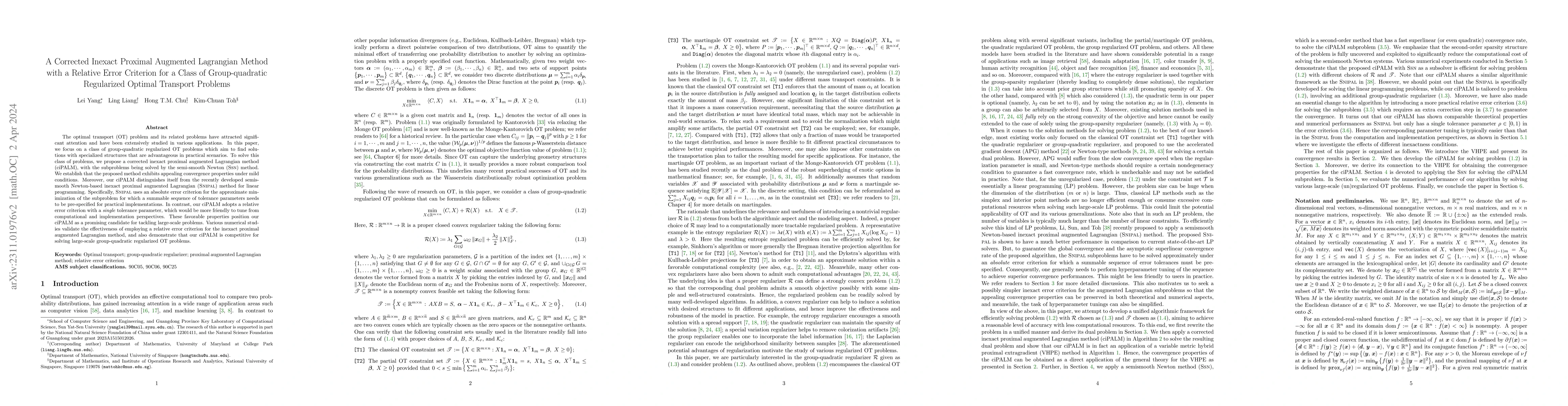 Thumbnail for A Corrected Inexact Proximal Augmented Lagrangian Method with a Relative
  Error Criterion for a Class of Group-quadratic Regularized Optimal Transport
  Problems