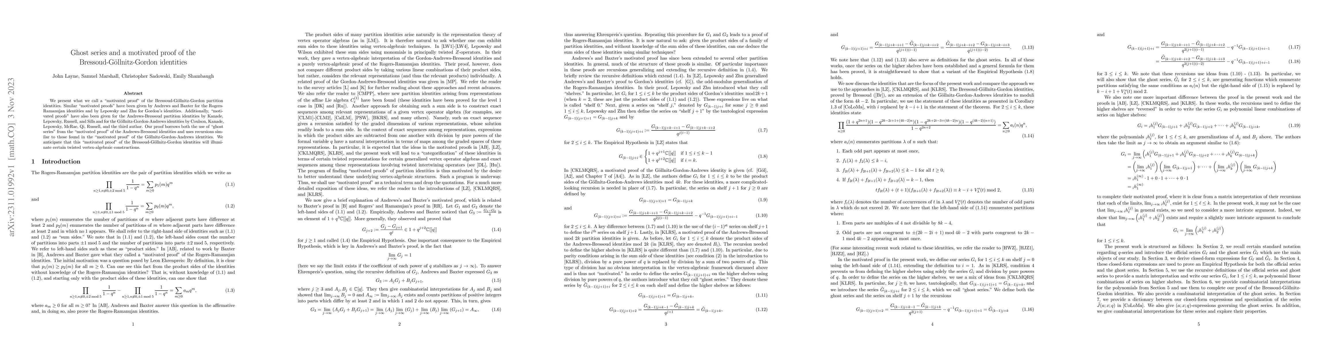 Thumbnail for Ghost series and a motivated proof of the Bressoud-G\"ollnitz-Gordon
  identities