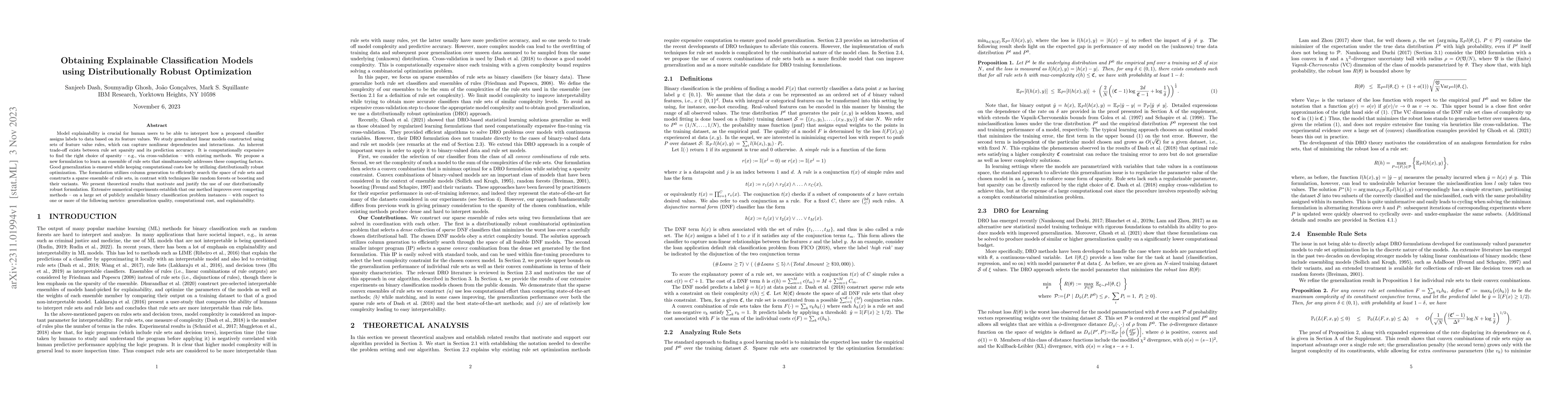 Thumbnail for Obtaining Explainable Classification Models using Distributionally
  Robust Optimization