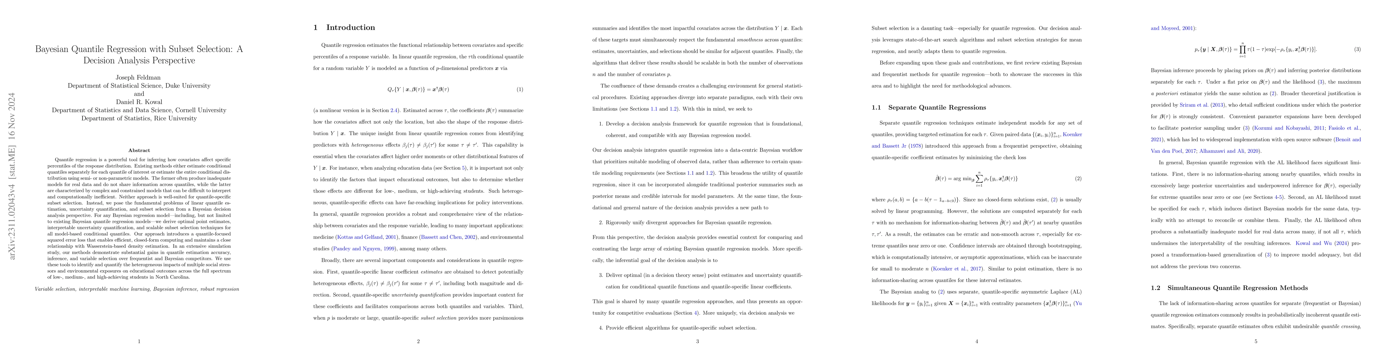 Thumbnail for Bayesian Quantile Regression with Subset Selection: A Posterior
  Summarization Perspective