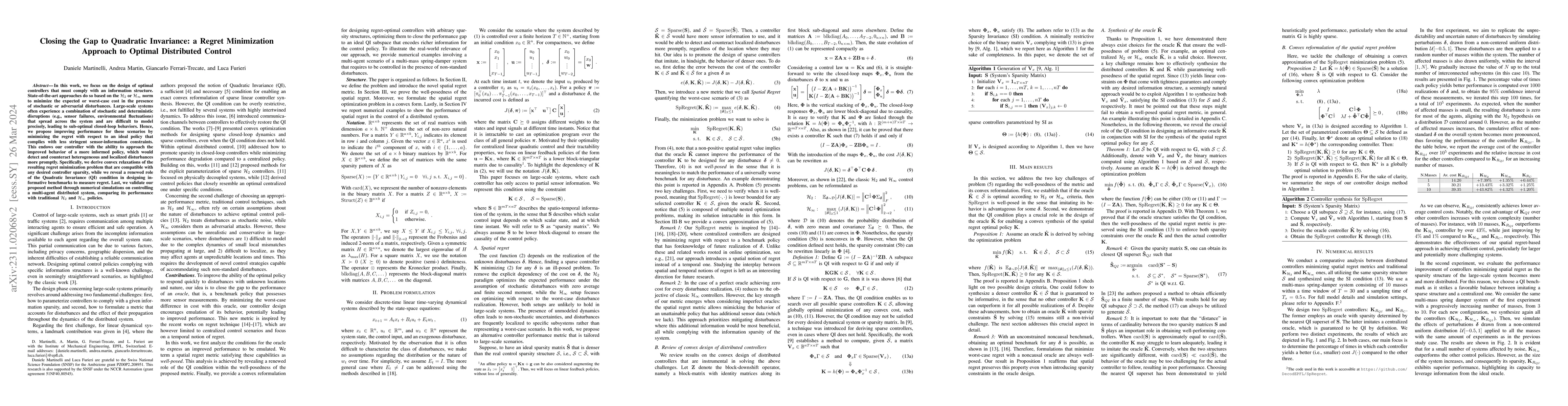 Thumbnail for Closing the Gap to Quadratic Invariance: a Regret Minimization Approach
  to Optimal Distributed Control