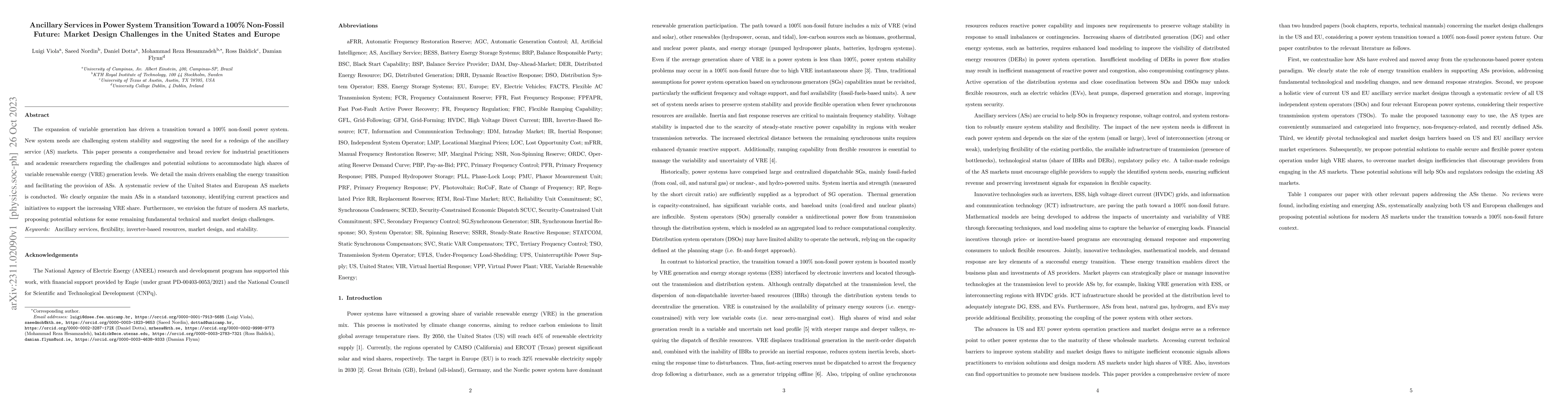 Thumbnail for Ancillary Services in Power System Transition Toward a 100% Non-Fossil
  Future: Market Design Challenges in the United States and Europe