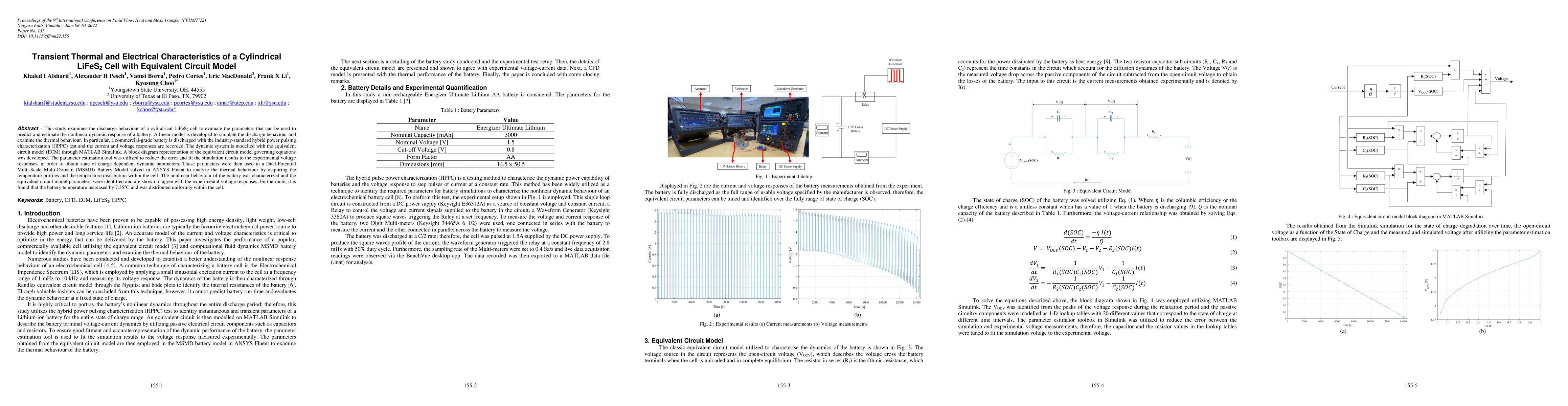 Thumbnail for Transient Thermal and Electrical Characteristics of a Cylindrical LiFeS2
  Cell with Equivalent Circuit Model