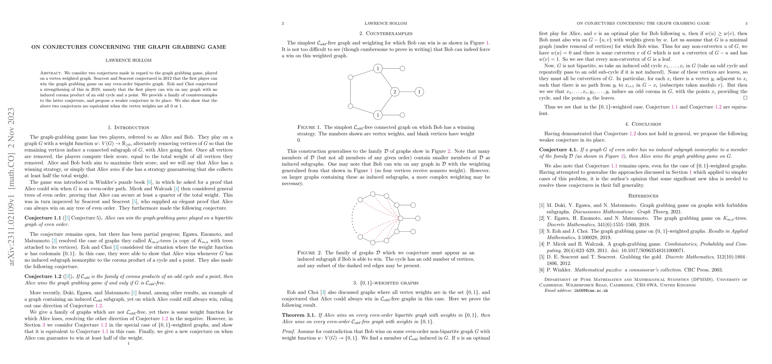 Thumbnail for On conjectures concerning the graph grabbing game